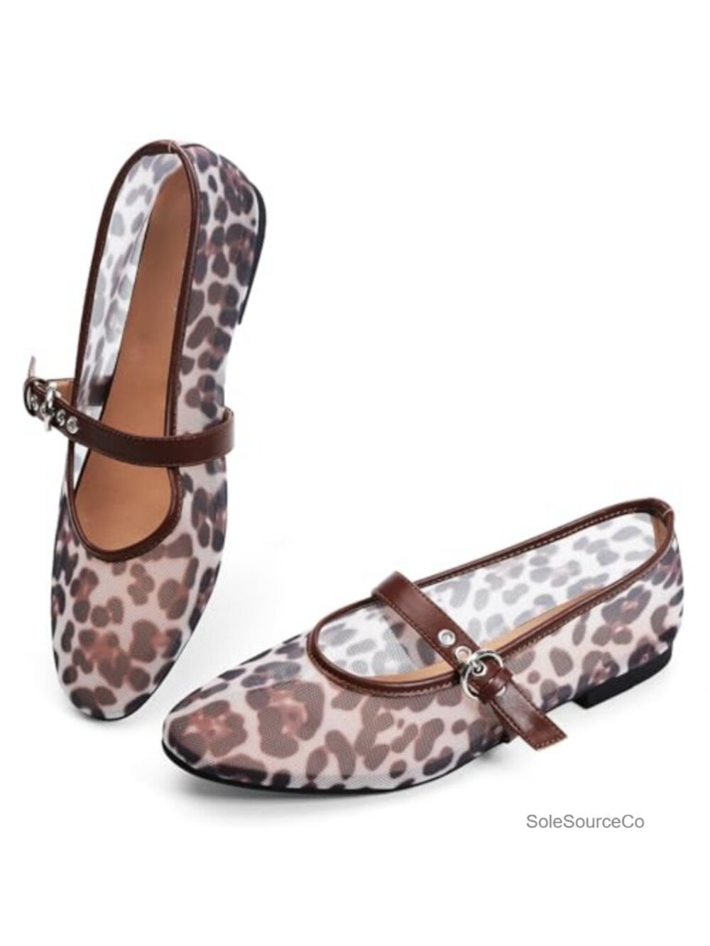 Women's Leopard Ballet Flats Mesh Mary Jane Slip On Pointed Toe Breathable